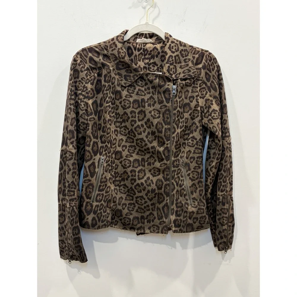 Mystree Women's Animal Leopard Print Asymmetrical Zip Moto Jacket Sz S Workwear